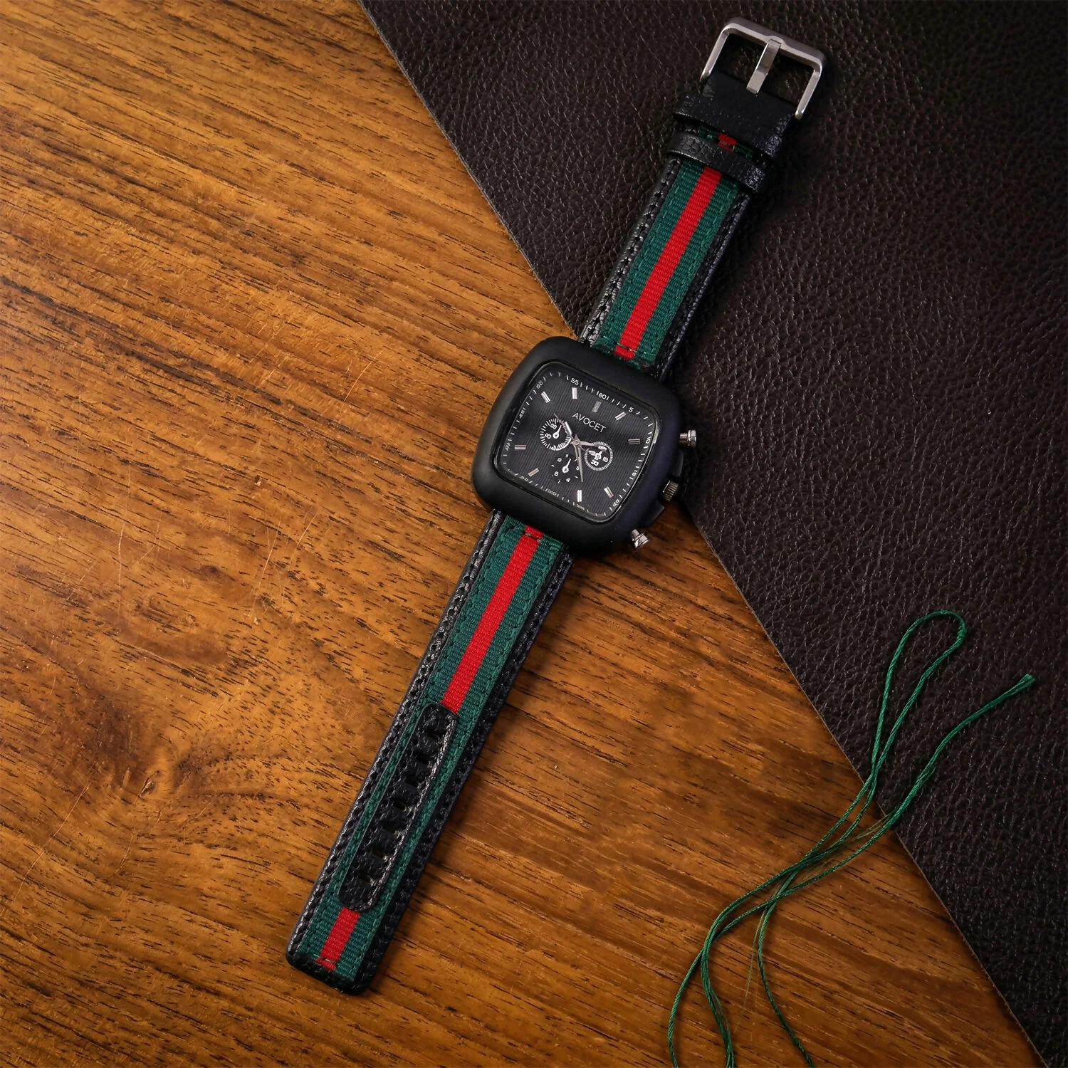 Stylish Black Square Dial Analog Watch with Striped Strap & Metal Case - Image 3