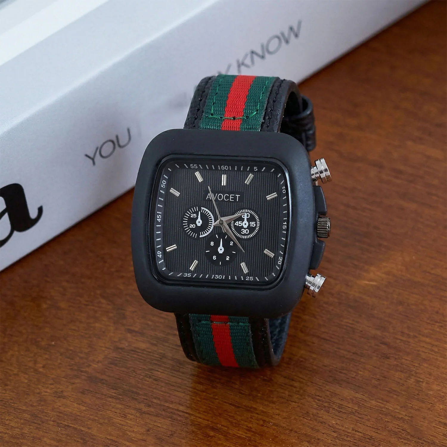 Stylish Black Square Dial Analog Watch with Striped Strap & Metal Case - Image 4