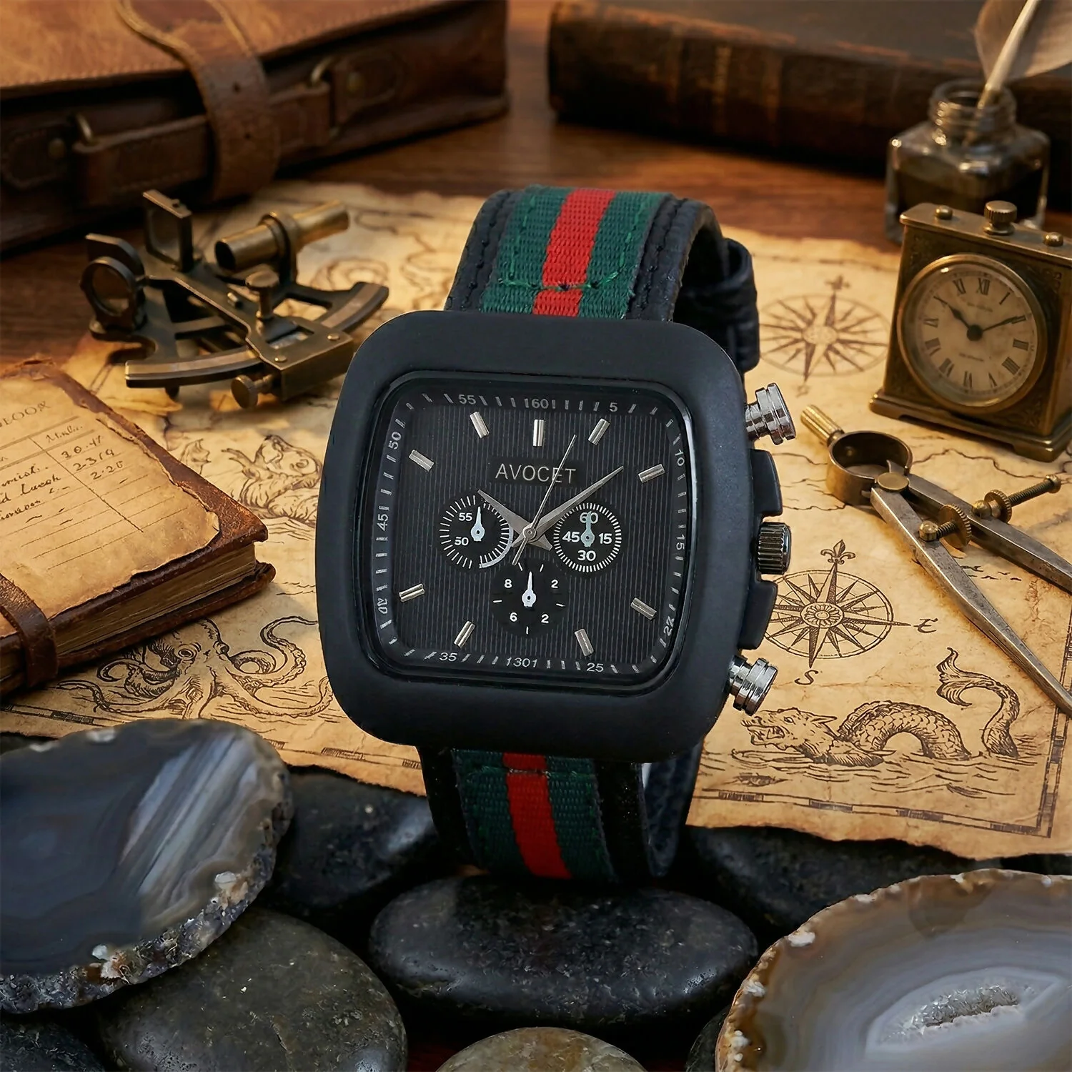 Stylish Black Square Dial Analog Watch with Striped Strap & Metal Case - Image 5