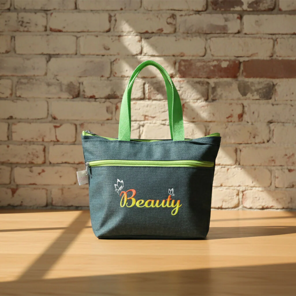 Stylish Denim Shopping Bag with Green Handles – “Beauty” Tote - Image 3
