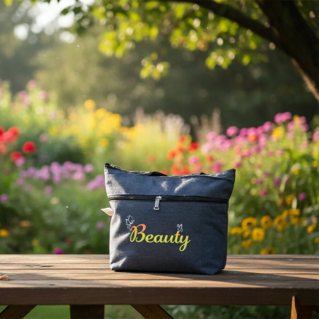 Stylish Denim Shopping Bag with Green Handles – “Beauty” Tote - Image 4