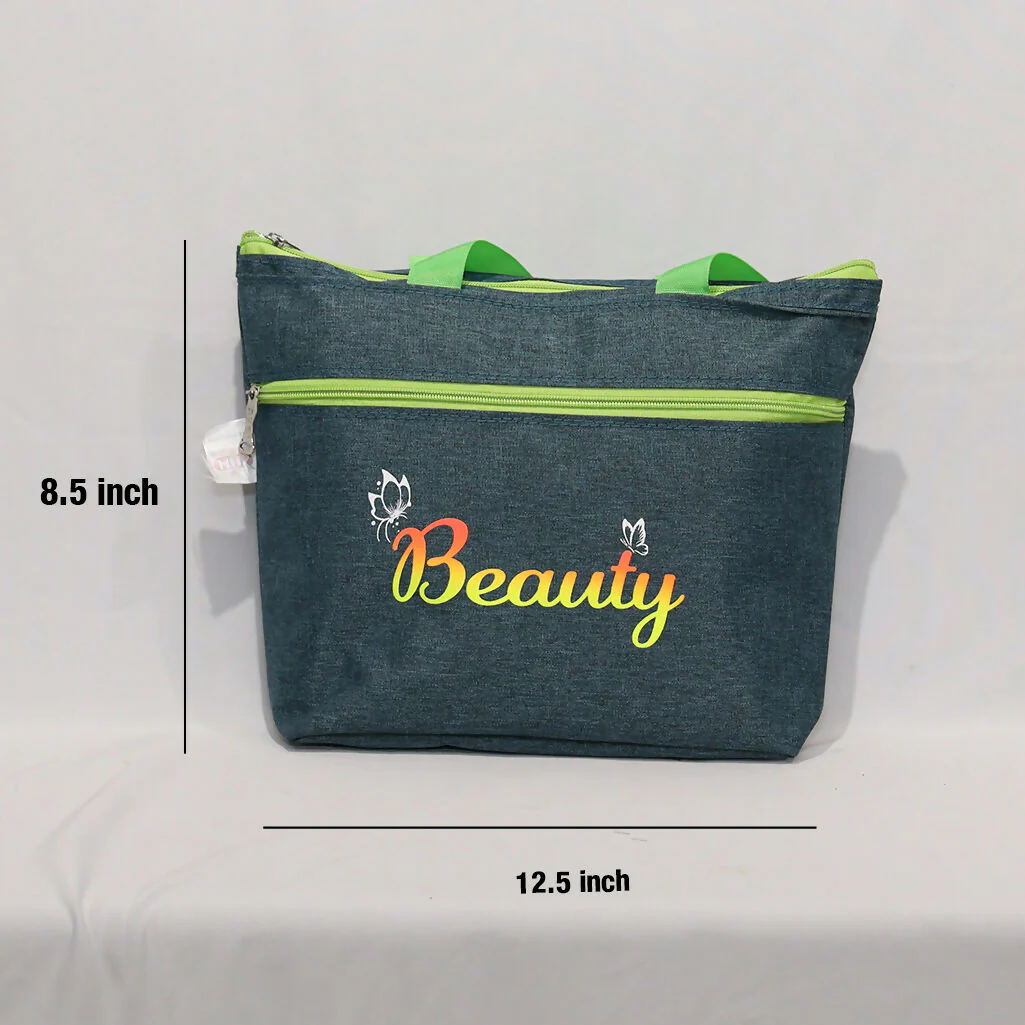 Stylish Denim Shopping Bag with Green Handles – “Beauty” Tote - Image 6