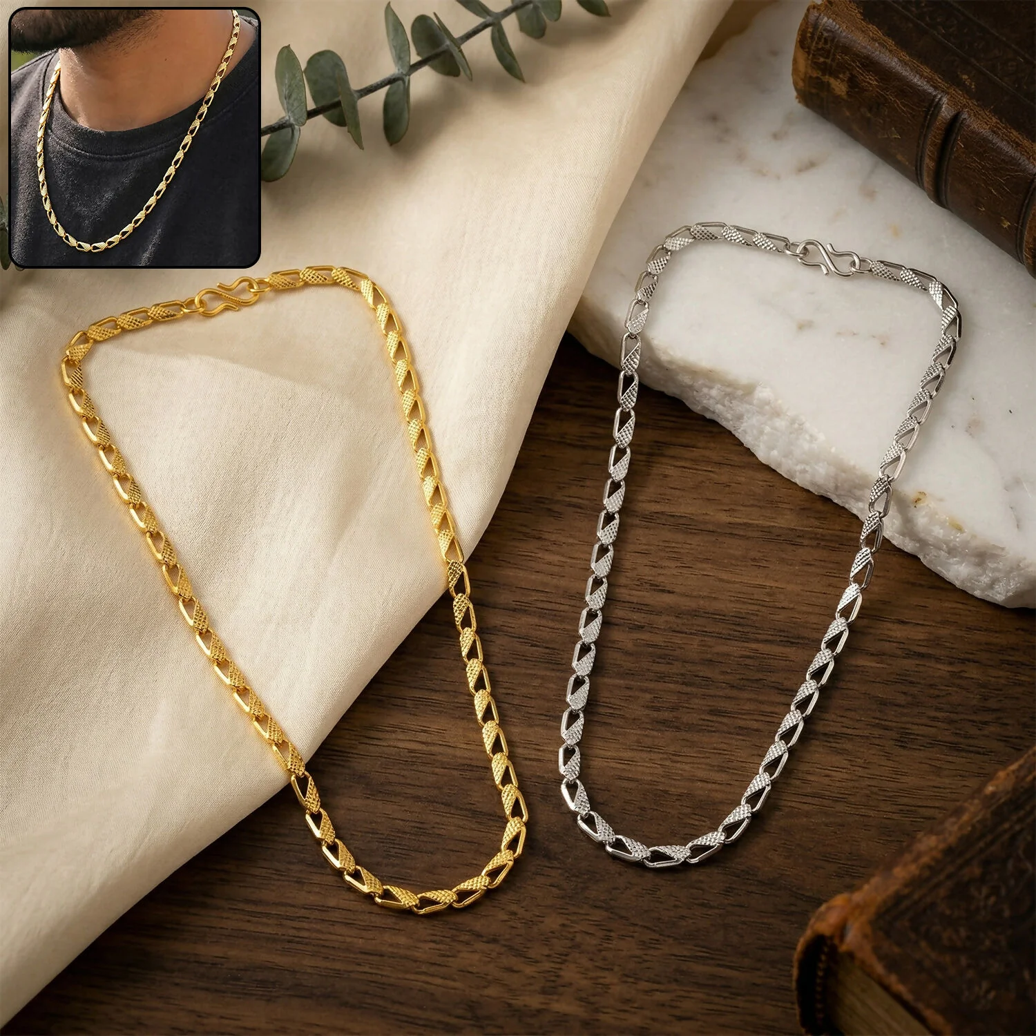 Stylish Dual Tone Textured Chain Necklace for Men & Women