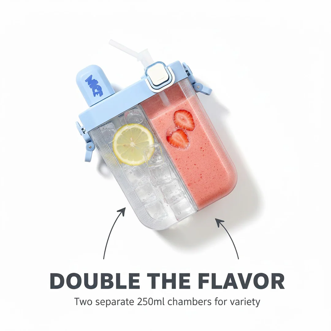 2in1 Dual Compartment Water Bottle with Straw & Adjustable Shoulder Straps (1 Pc/Multi color) - Image 3