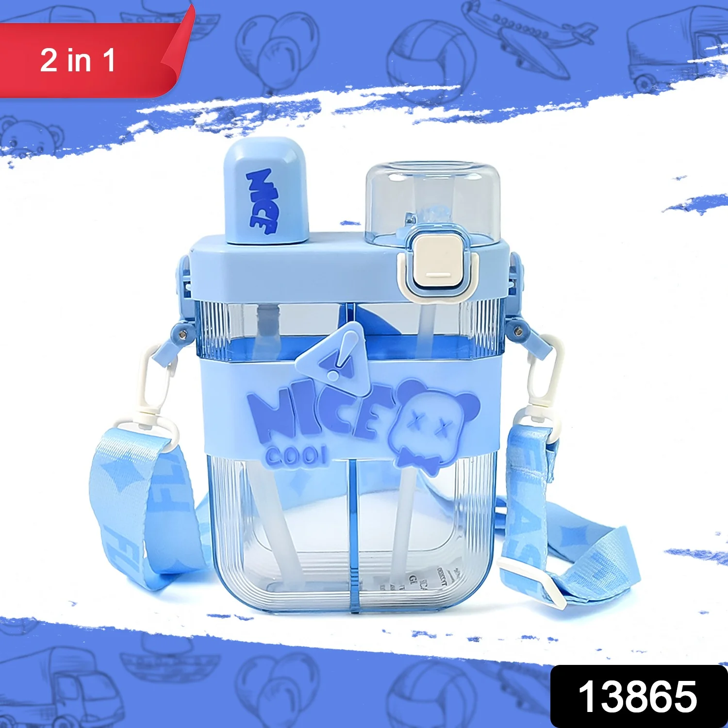 2in1 Dual Compartment Water Bottle with Straw & Adjustable Shoulder Straps (1 Pc/Multi color) - Image 7