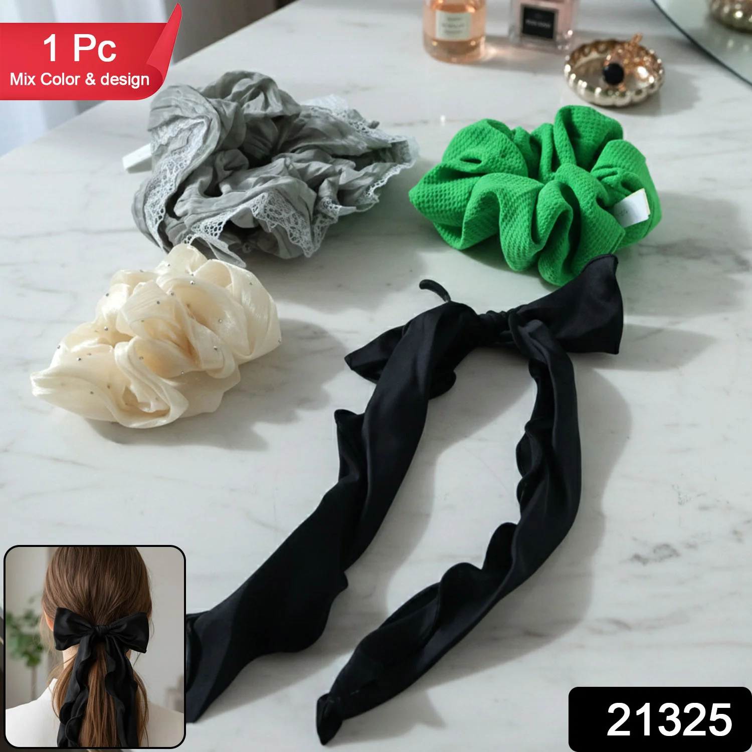 Stylish Fabric Hair Scrunchie with Bow Tie Design(1 Pc, Mix Color & Design) - Image 2