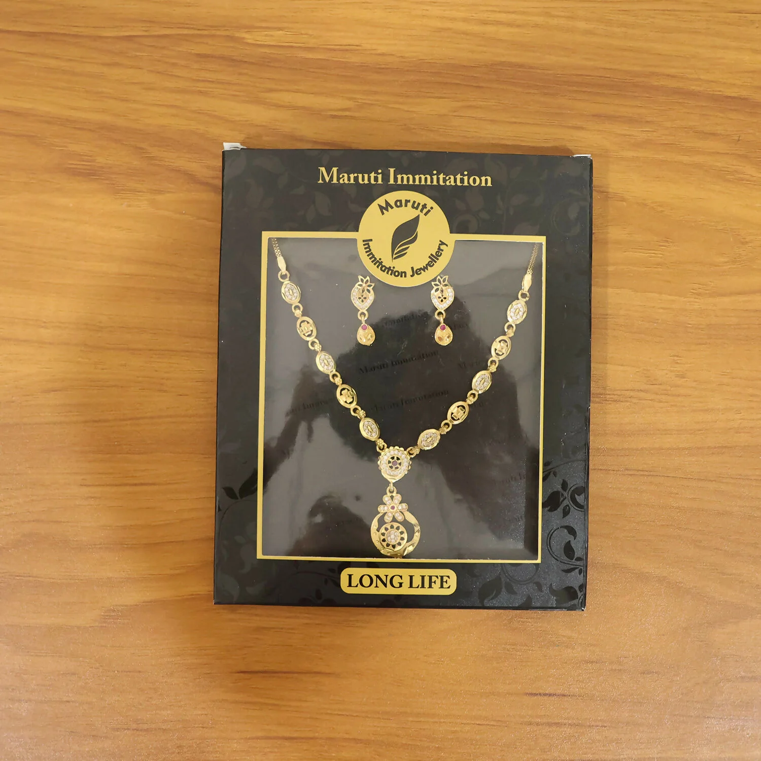 Stylish Gold-Tone Circular Pendant Necklace Set with Floral Accent & Matching Earrings - Image 6