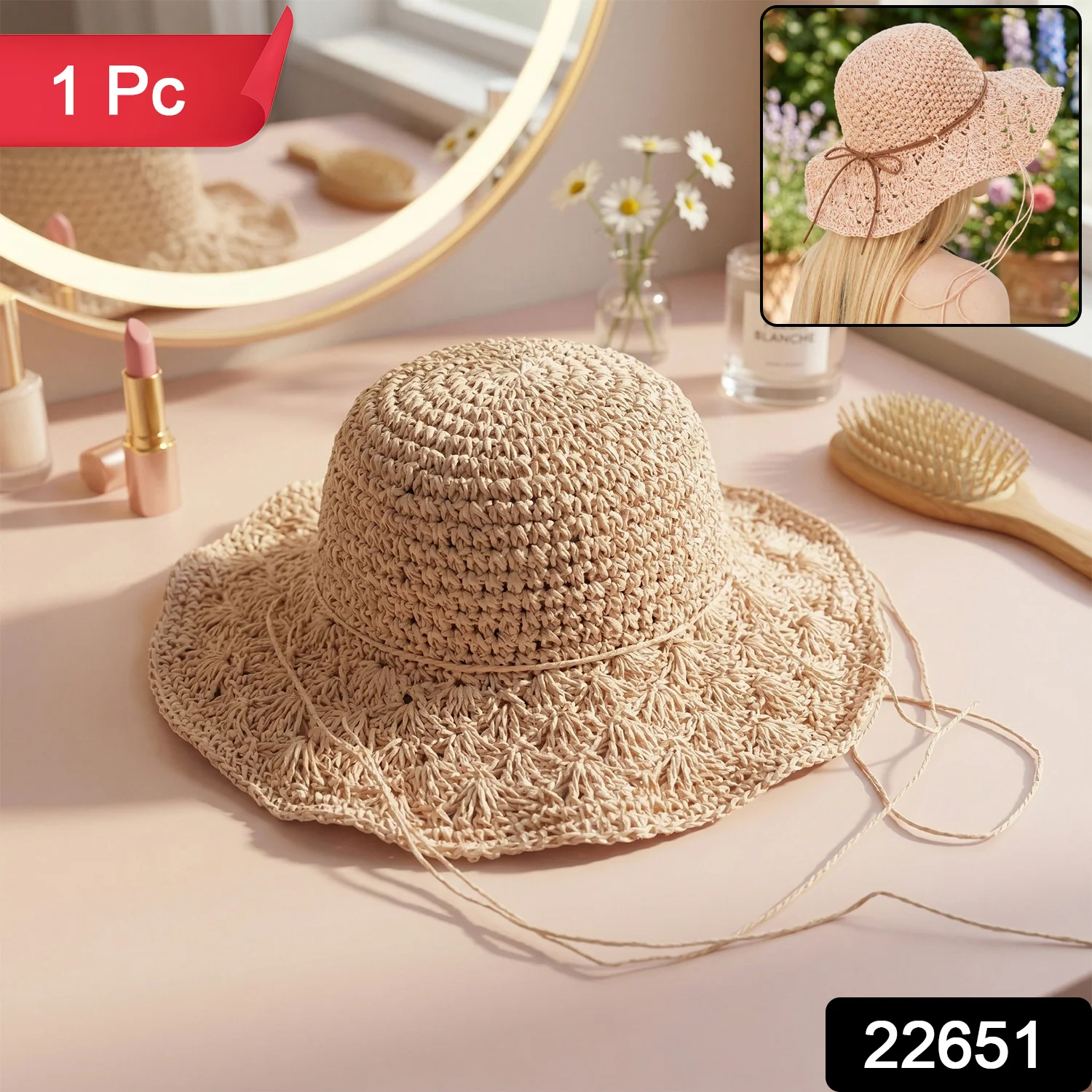 Stylish Handwoven Wide Brim Summer Sun Hat Cap (1 Pc) - Image 2