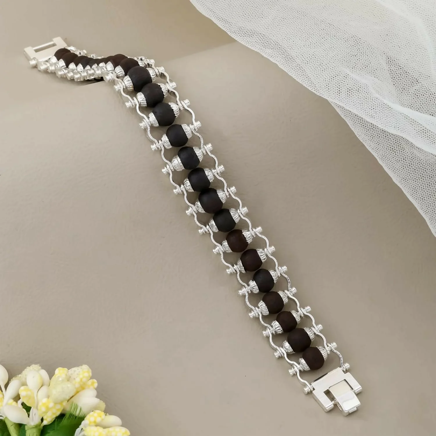 Stylish Karungali Black Bead Silver plated Chain Bracelet for Men Trendy Designer Wrist Wear - Image 4