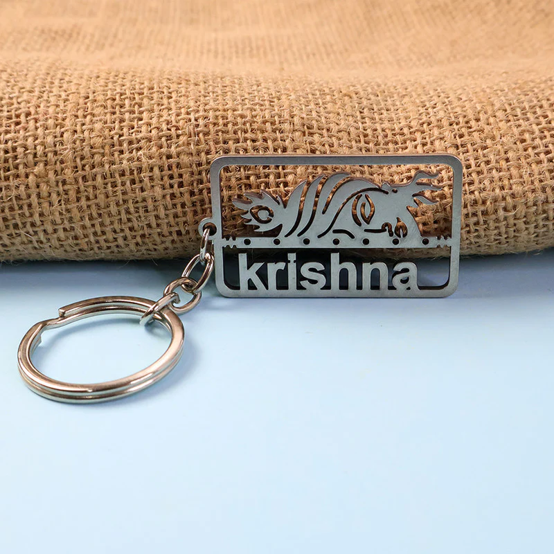 Stylish Krishna Cutout Metal Keychain – Divine Rectangular Design Key Ring - Image 3