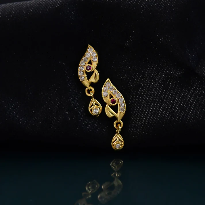Stylish Leaf Pattern Gold Earrings with Stone Work & Drop Charm - Image 2
