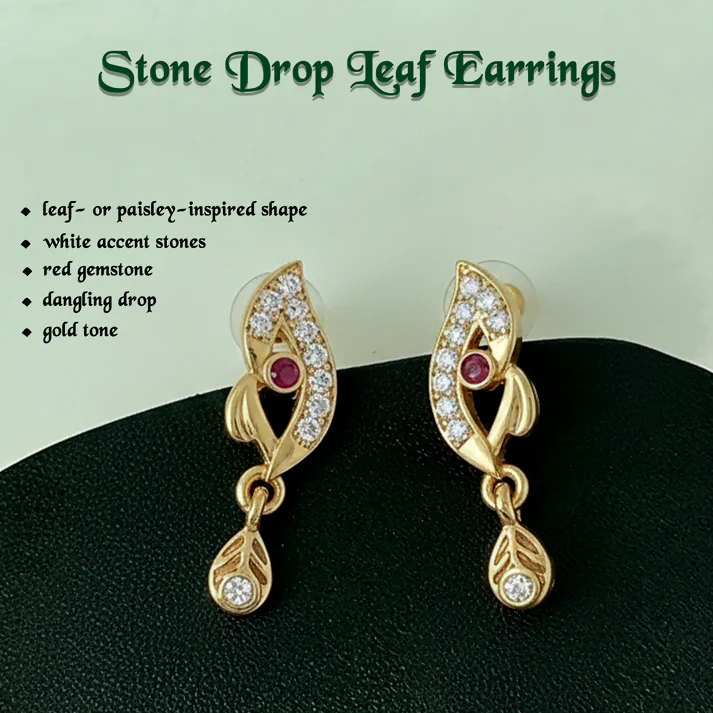 Stylish Leaf Pattern Gold Earrings with Stone Work & Drop Charm - Image 4