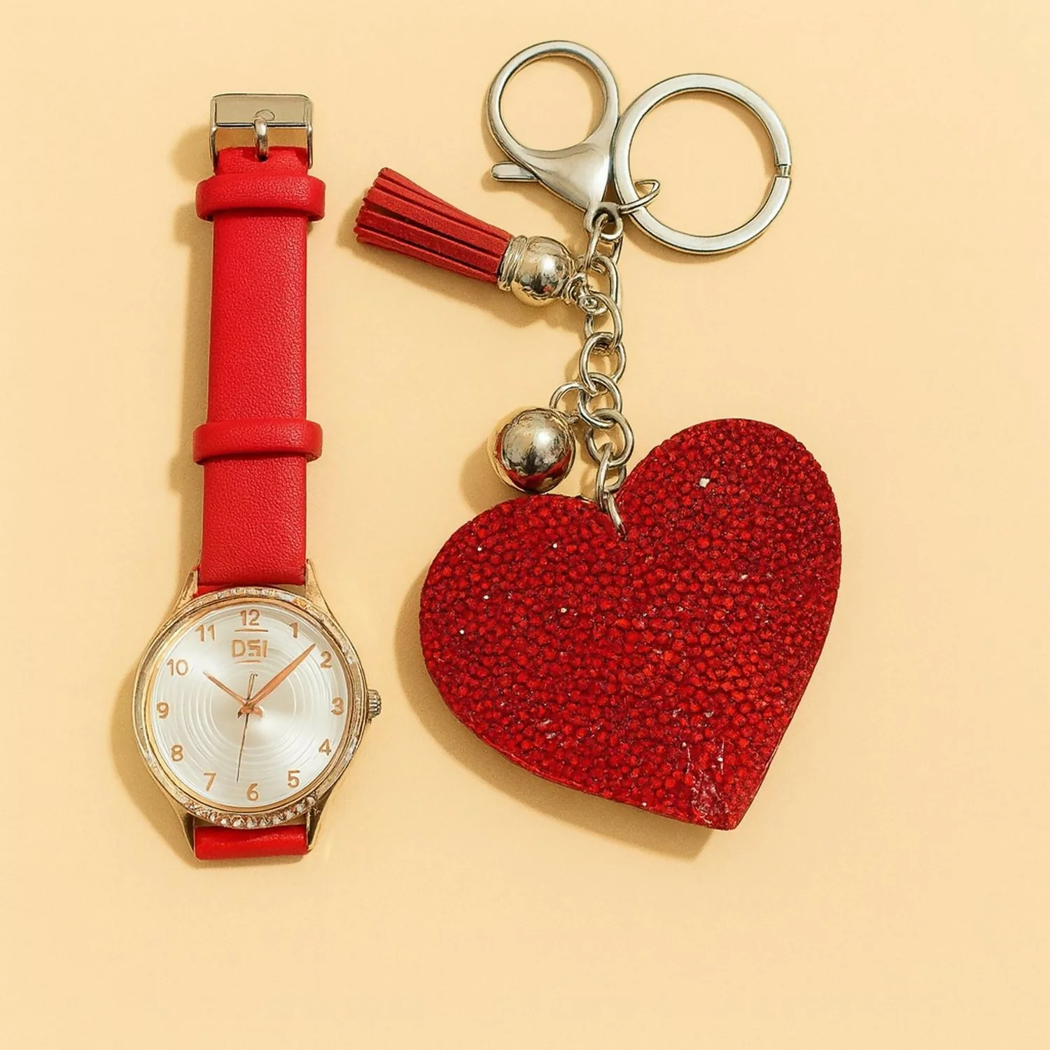 Stylish Leather Strap Analog Watch with Sparkling Heart Keychain - Image 2