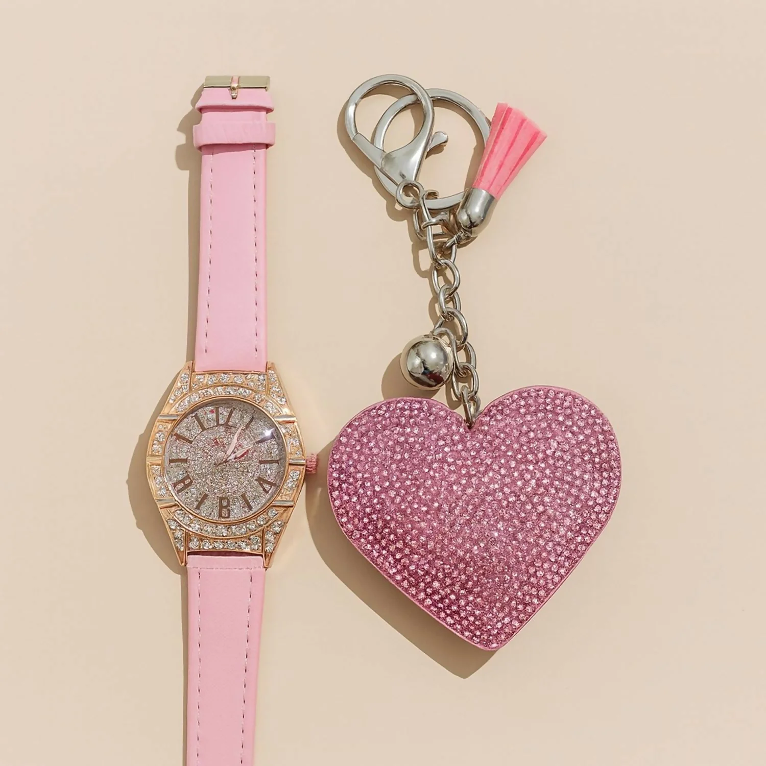 Stylish Leather Strap Analog Watch with Sparkling Heart Keychain - Image 4