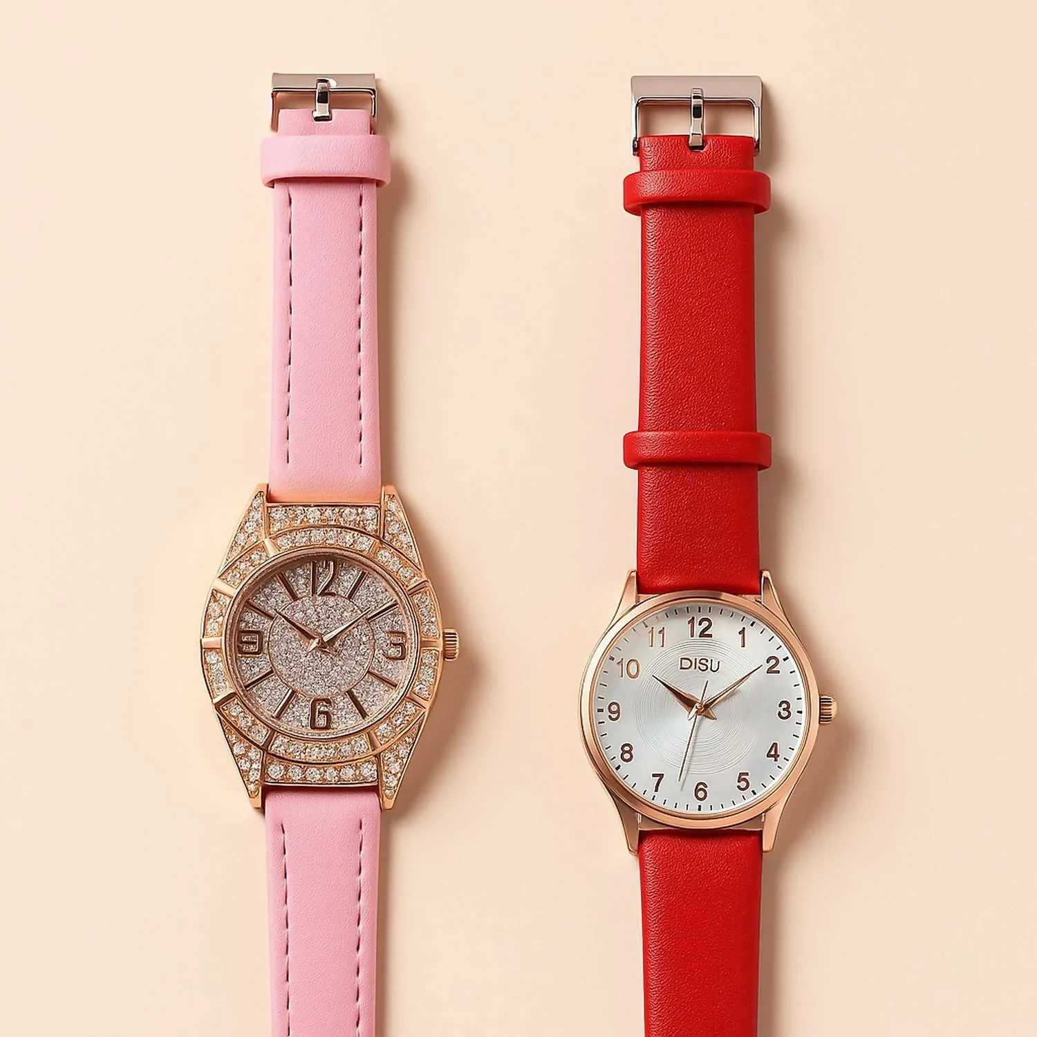Stylish Leather Strap Analog Watch with Sparkling Heart Keychain - Image 5
