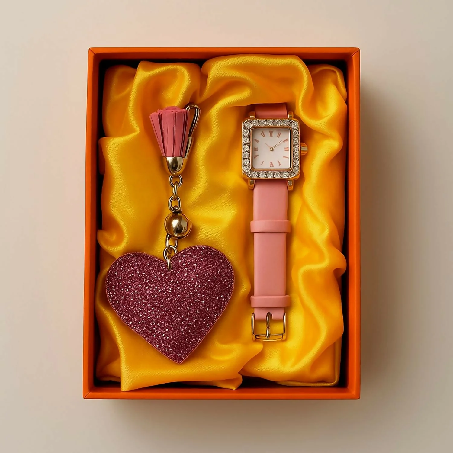 Stylish Leather Strap Analog Watch with Sparkling Heart Keychain - Image 6