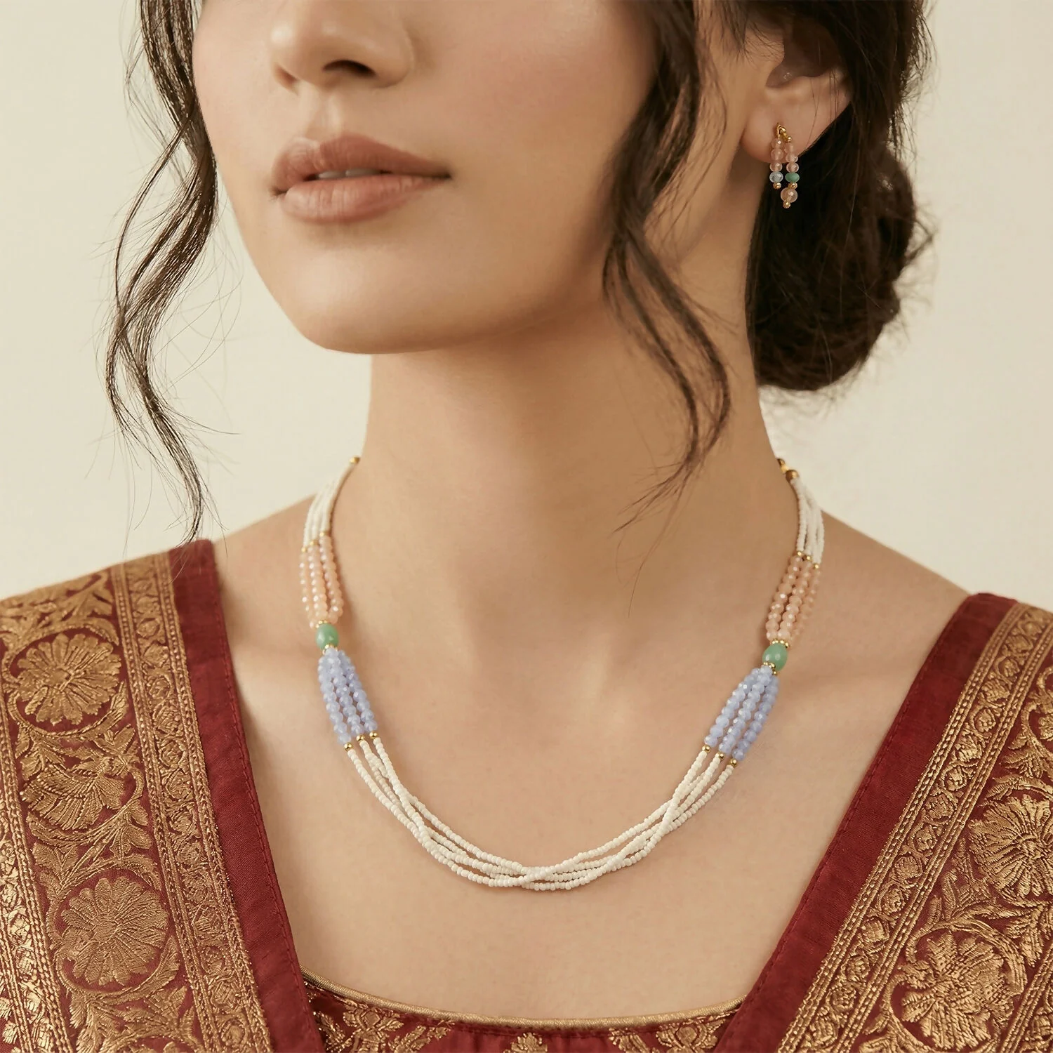 Stylish Multi-Layer Pearl Beaded Necklace with Pastel Peach, Lavender & Mint Accents - Image 3