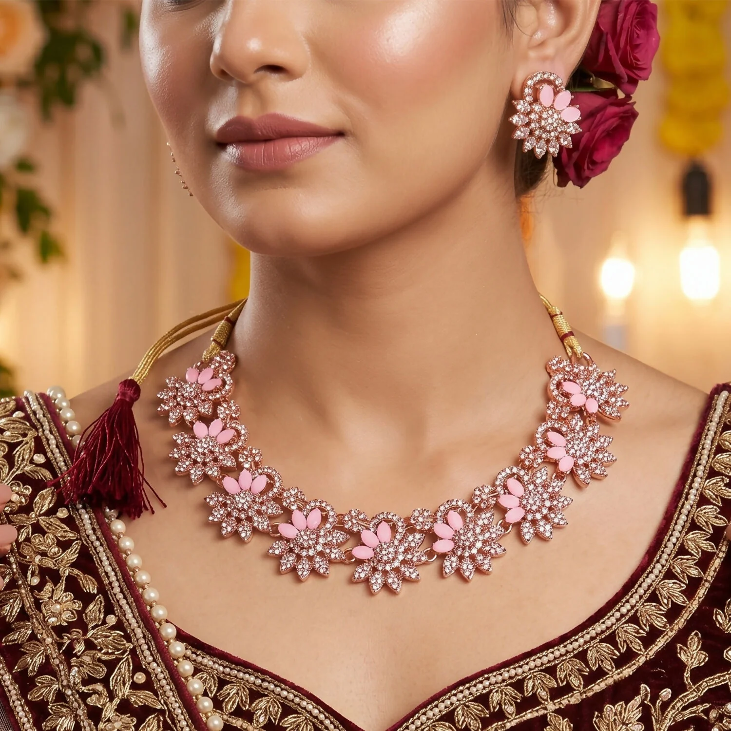 Stylish Pink Stone Floral Necklace Set with Matching Earrings for Women - Image 2