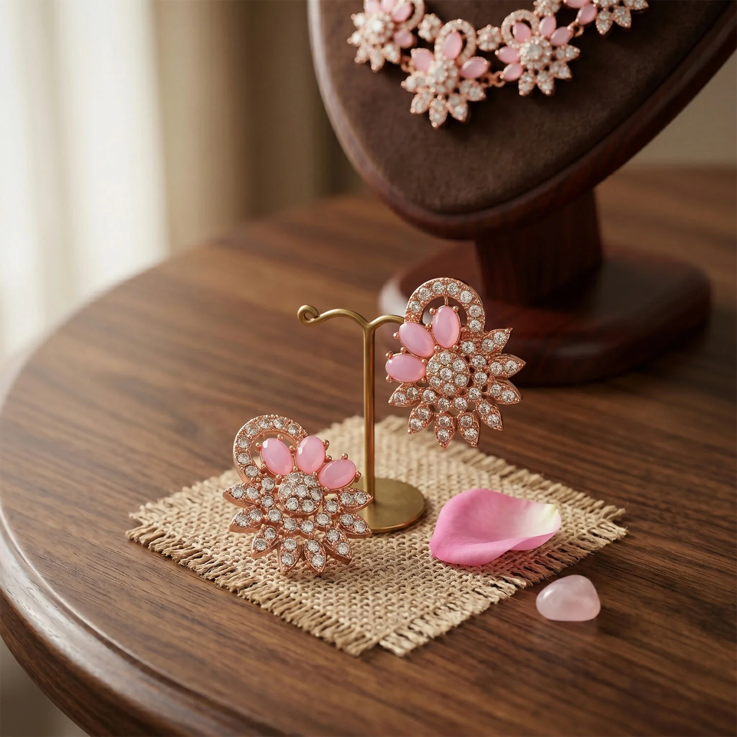 Stylish Pink Stone Floral Necklace Set with Matching Earrings for Women - Image 3