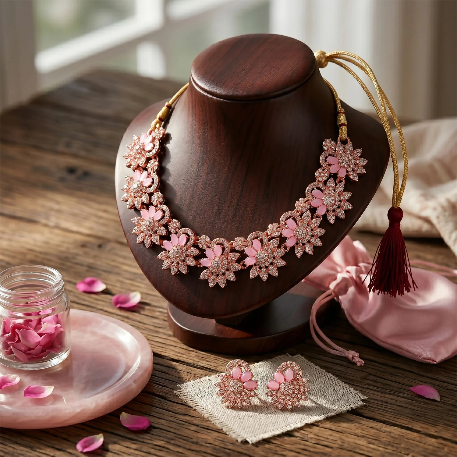 Stylish Pink Stone Floral Necklace Set with Matching Earrings for Women - Image 4