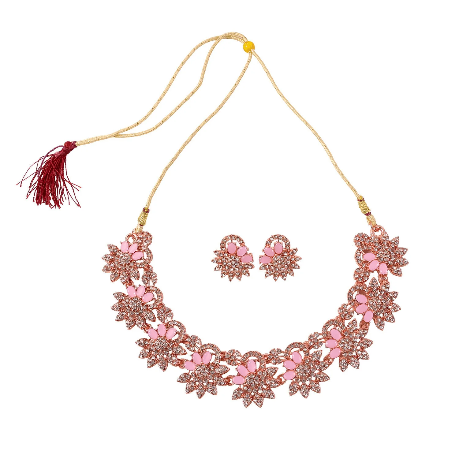 Stylish Pink Stone Floral Necklace Set with Matching Earrings for Women - Image 5