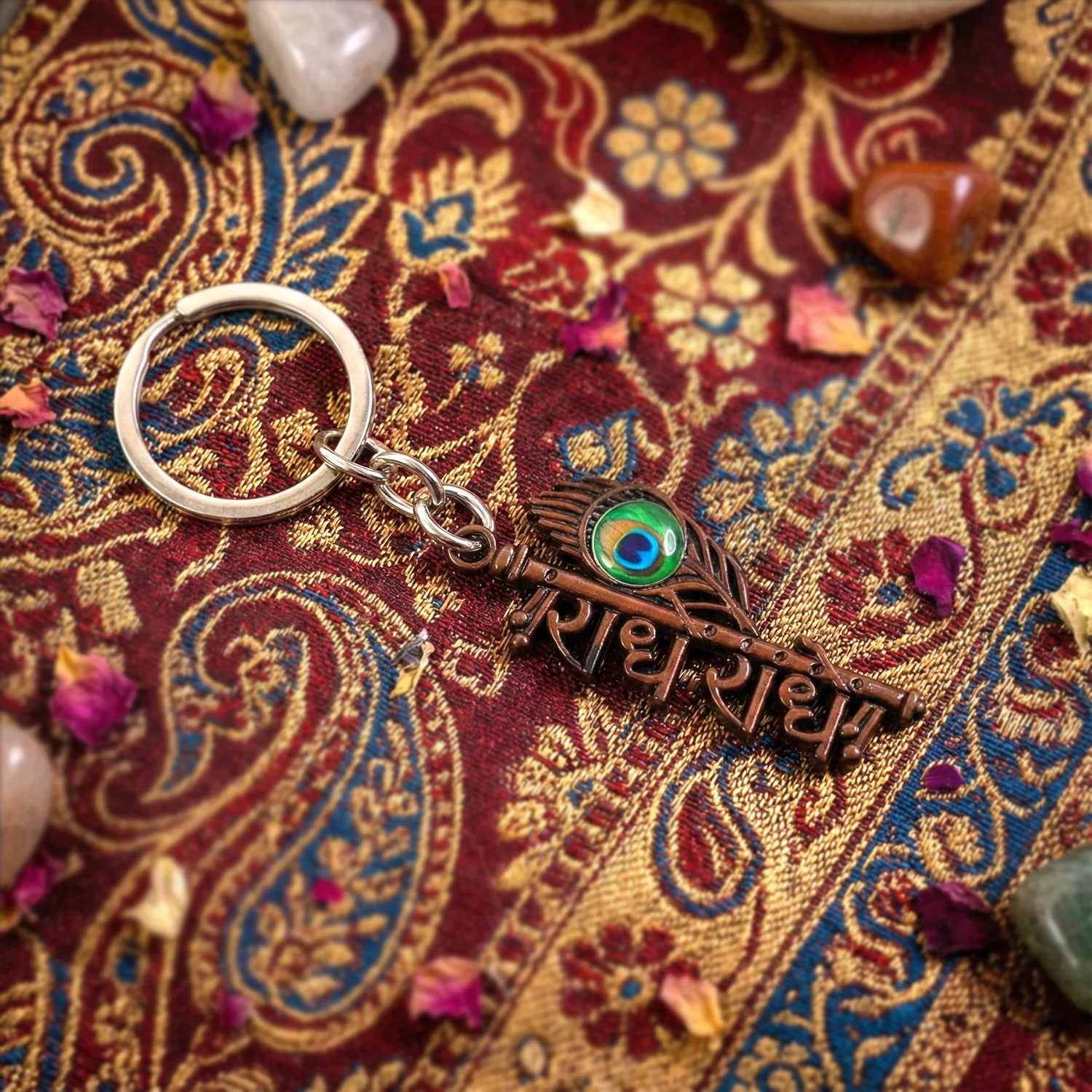 Radhe Radhe Metal Keychain with Peacock Feather Design – Divine Copper Finish (Mix Color) (1 Pc) - Image 10