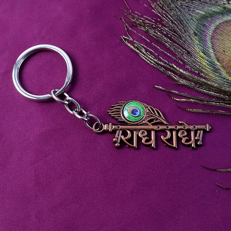 Radhe Radhe Metal Keychain with Peacock Feather Design – Divine Copper Finish (Mix Color) (1 Pc) - Image 4