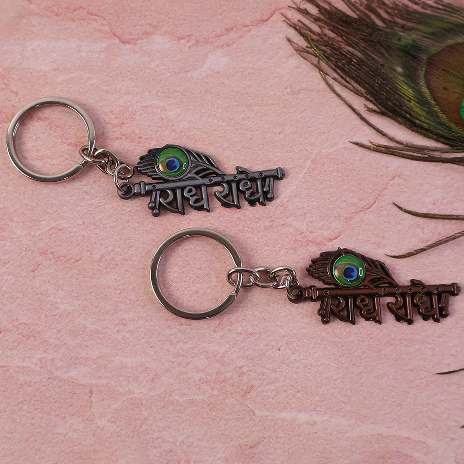 Radhe Radhe Metal Keychain with Peacock Feather Design – Divine Copper Finish (Mix Color) (1 Pc) - Image 7