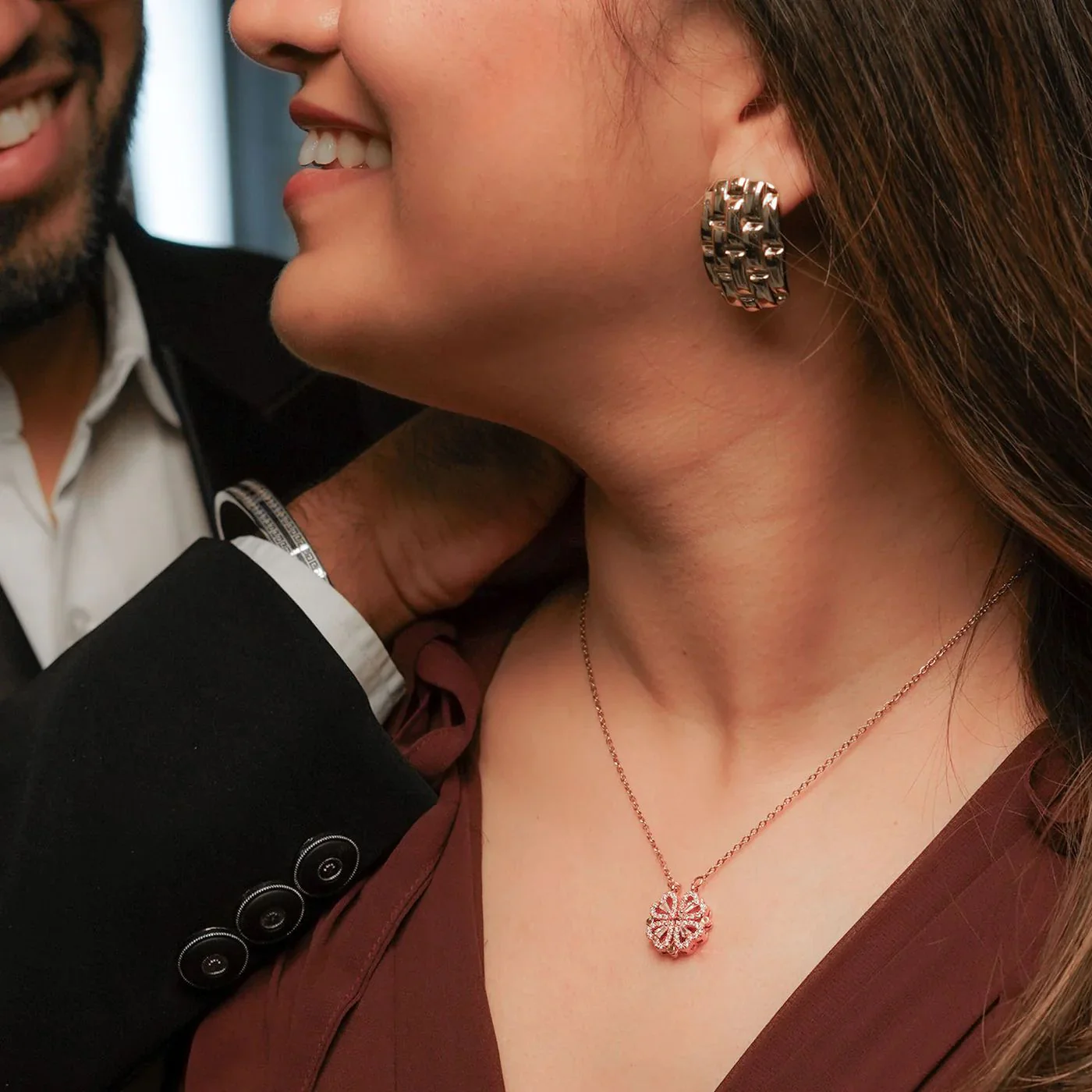 Stylish Rose Gold-Plated Four Heart Pendant with Copper Cubic Zirconia - Image 2