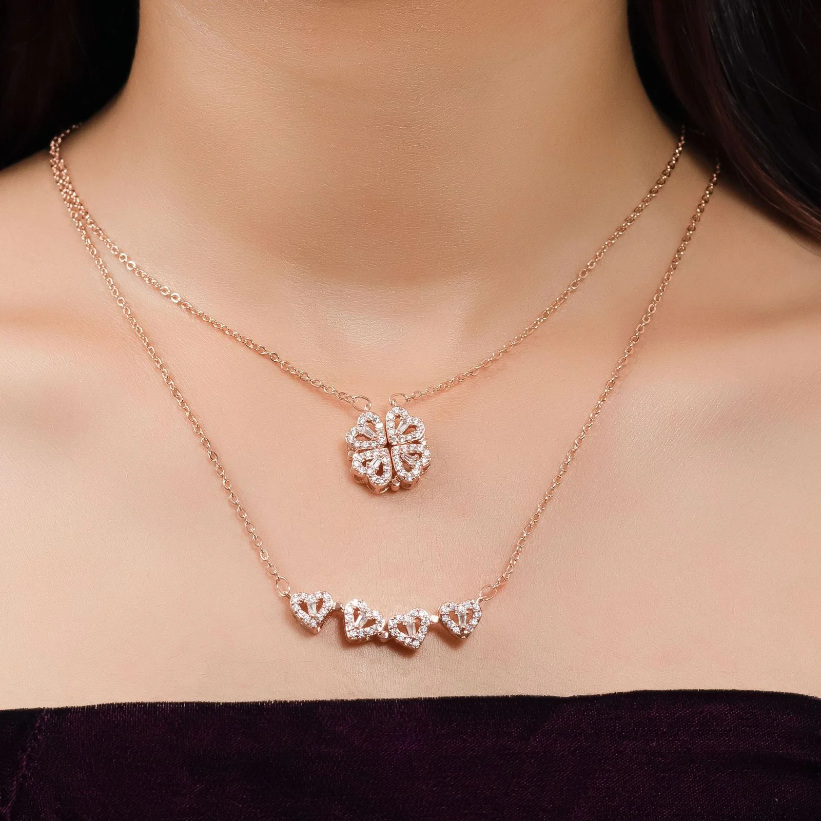 Stylish Rose Gold-Plated Four Heart Pendant with Copper Cubic Zirconia - Image 3