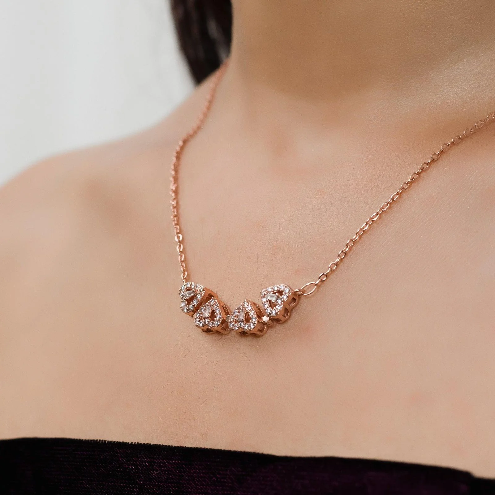 Stylish Rose Gold-Plated Four Heart Pendant with Copper Cubic Zirconia - Image 4