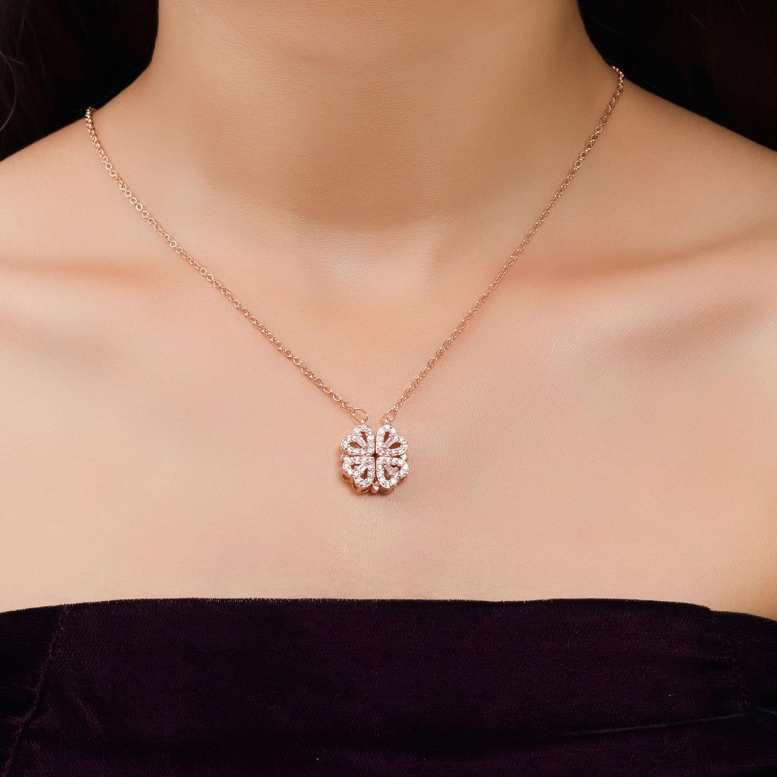 Stylish Rose Gold-Plated Four Heart Pendant with Copper Cubic Zirconia - Image 5