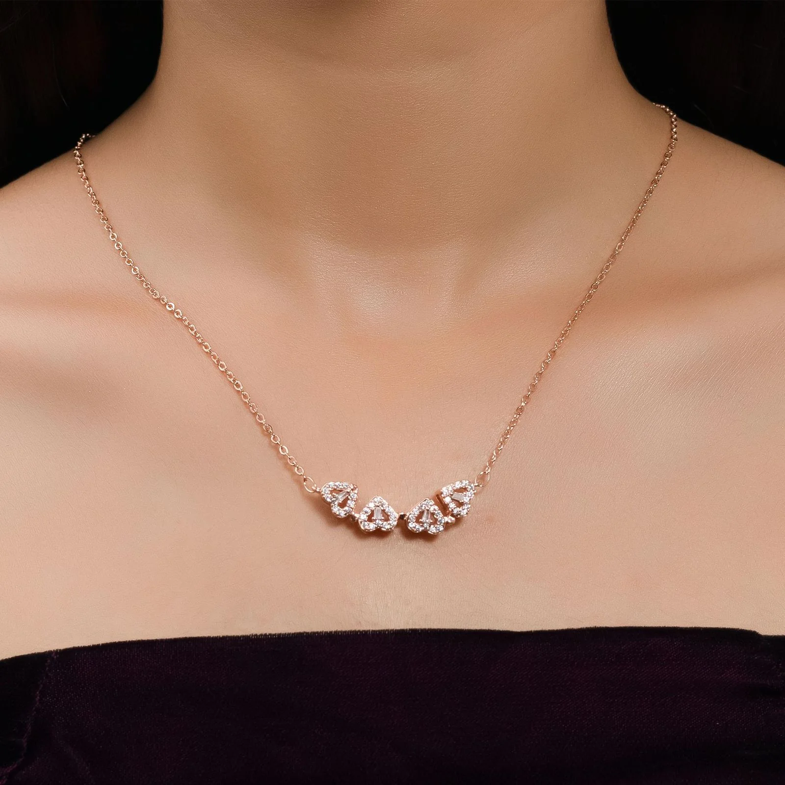 Stylish Rose Gold-Plated Four Heart Pendant with Copper Cubic Zirconia - Image 7