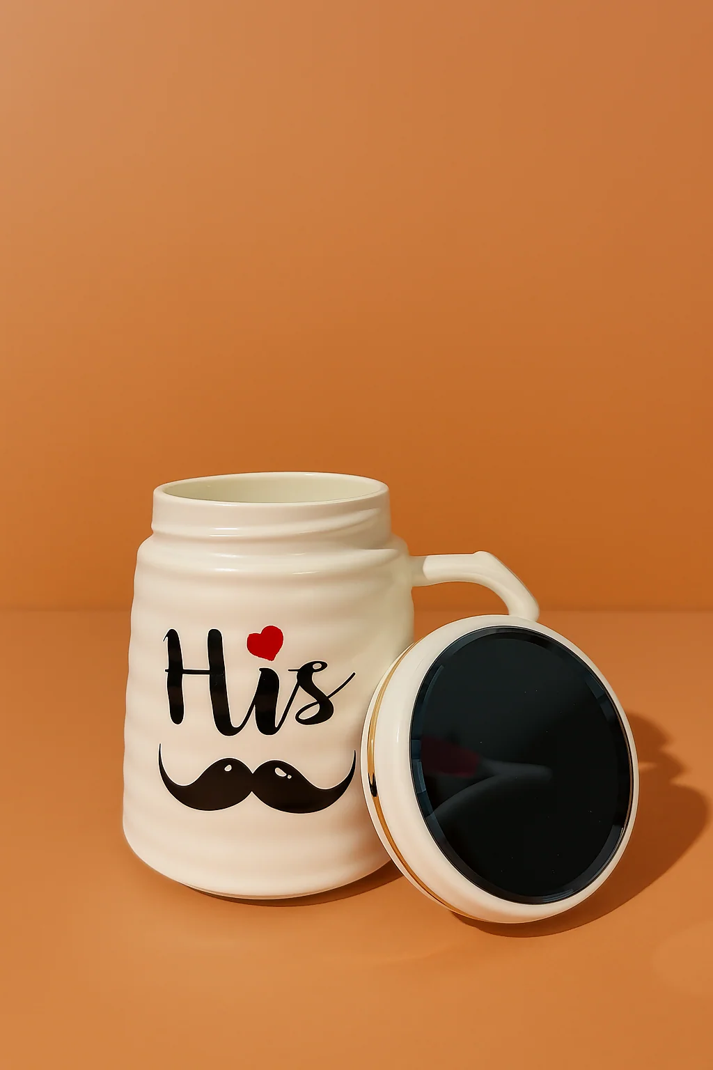 Stylish White Ceramic "His" Coffee Mug with Mustache Print and Lid - Image 2