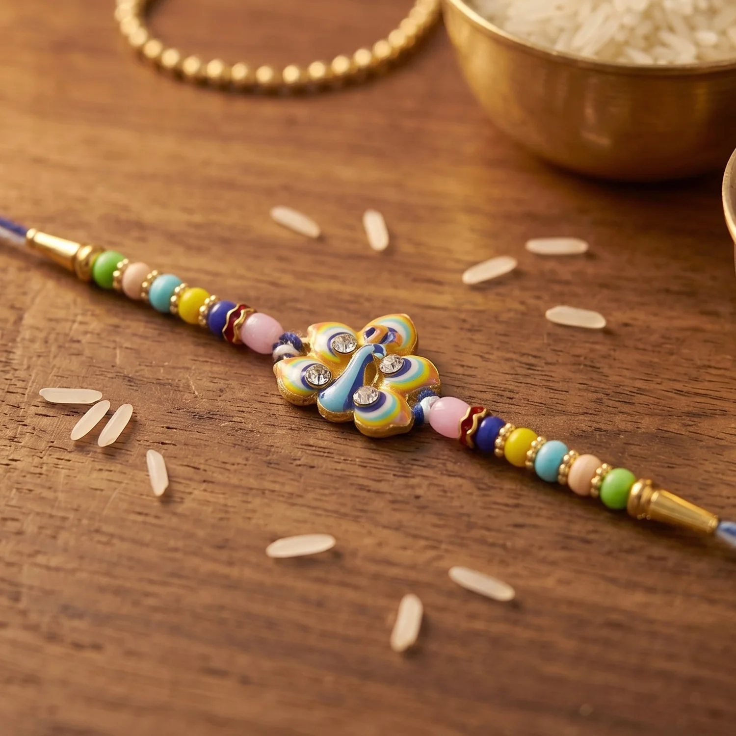 Stylized Peacock Feather Golden Swirl Rakhi - Image 3