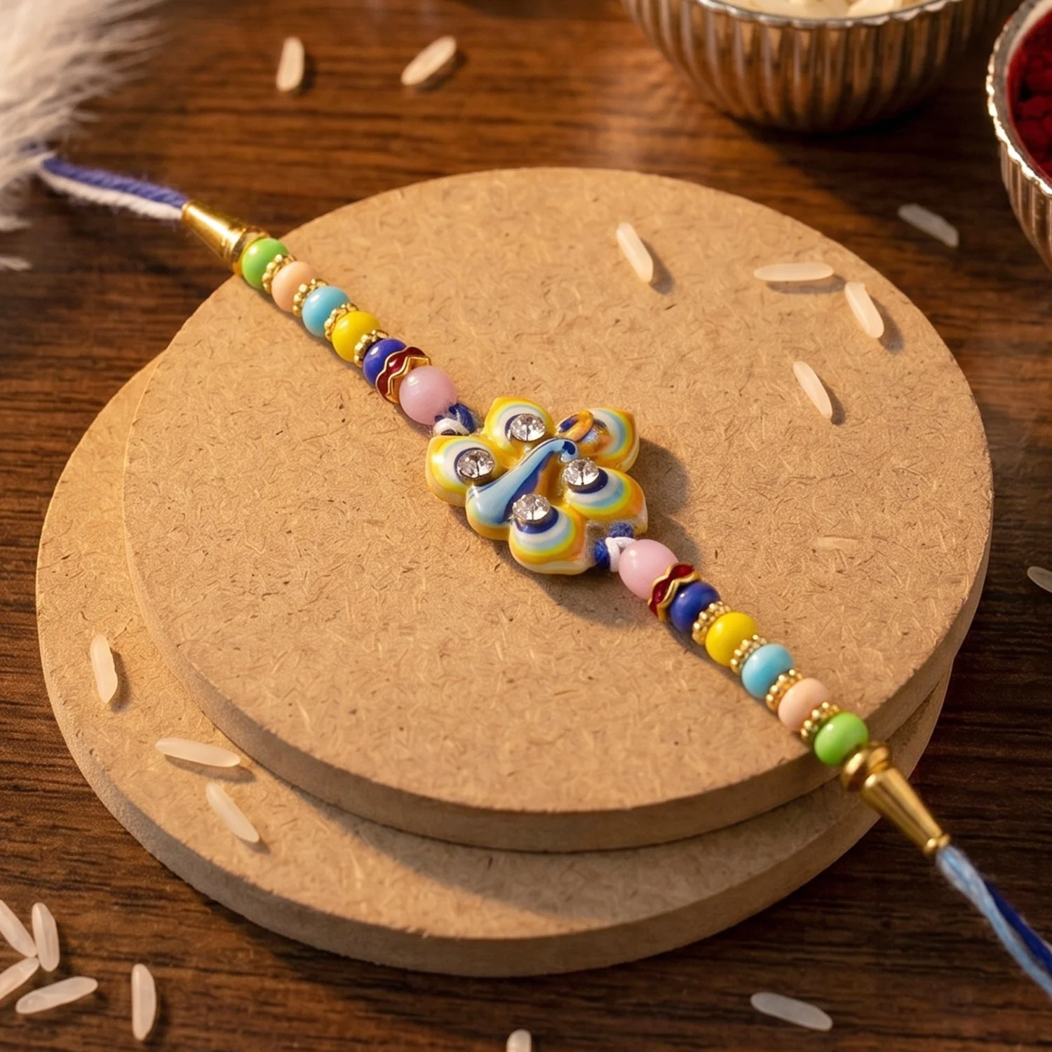 Stylized Peacock Feather Golden Swirl Rakhi - Image 4