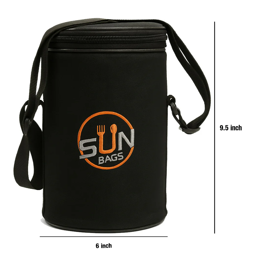 Sun Bags Round Tiffin Bag | Premium Lunch Bag with Shoulder Strap | Durable Fabric | Compact Food Carrier for Office, School & Travel (Black) - Image 3