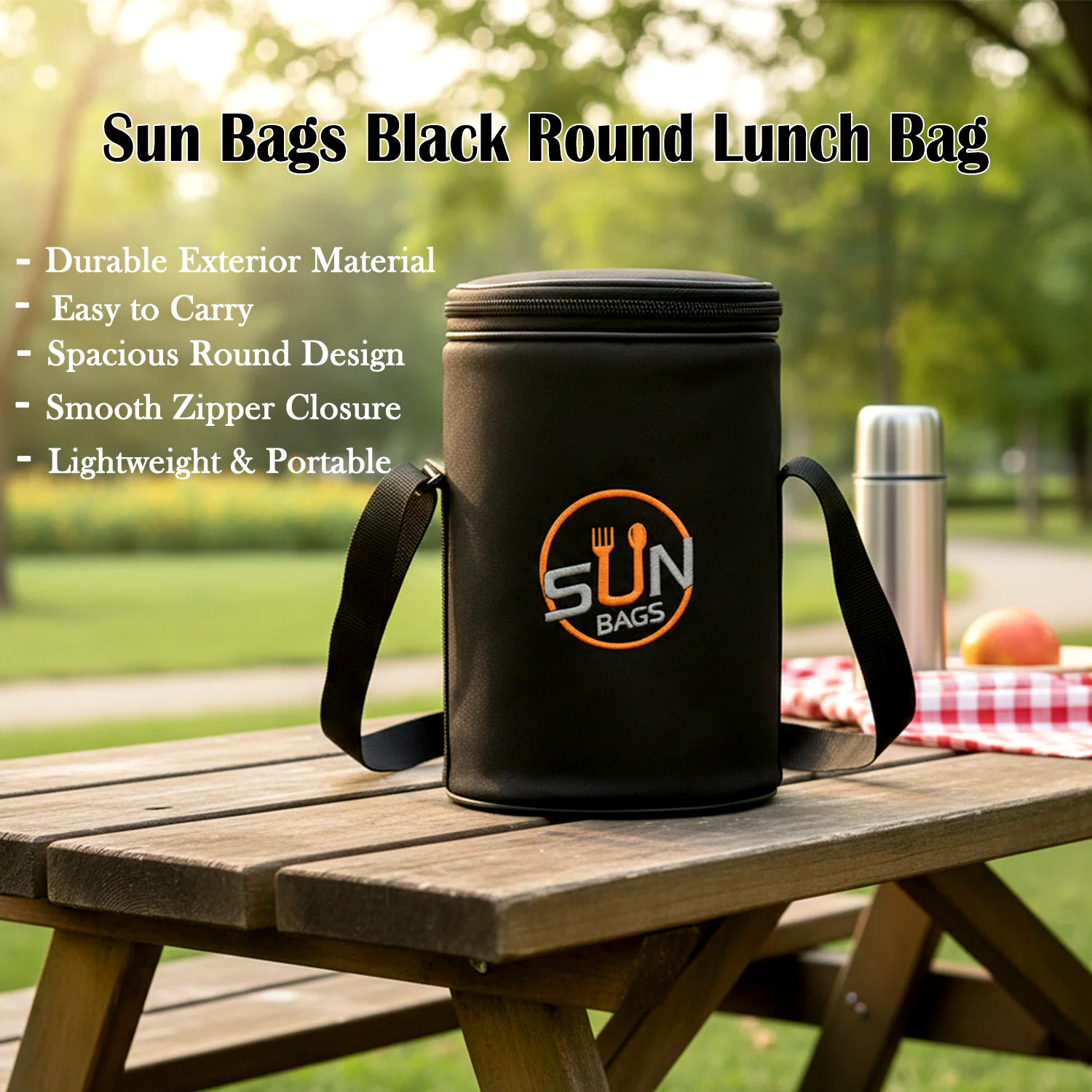 Sun Bags Round Tiffin Bag | Premium Lunch Bag with Shoulder Strap | Durable Fabric | Compact Food Carrier for Office, School & Travel (Black) - Image 4