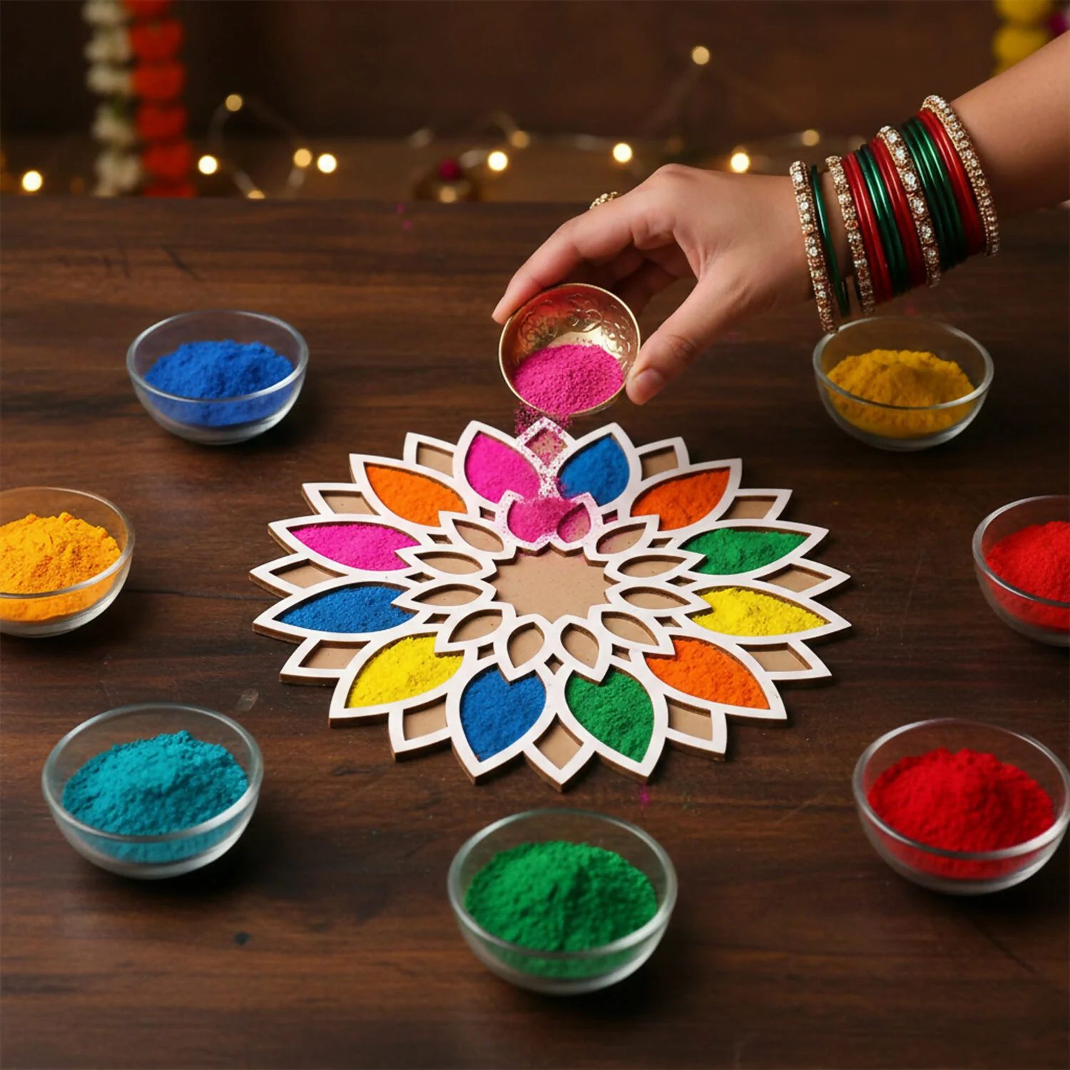 Sun Mandala Rangoli Stencil (12 Inch) | Reusable MDF Template for Diwali Entrance Decor - Image 3