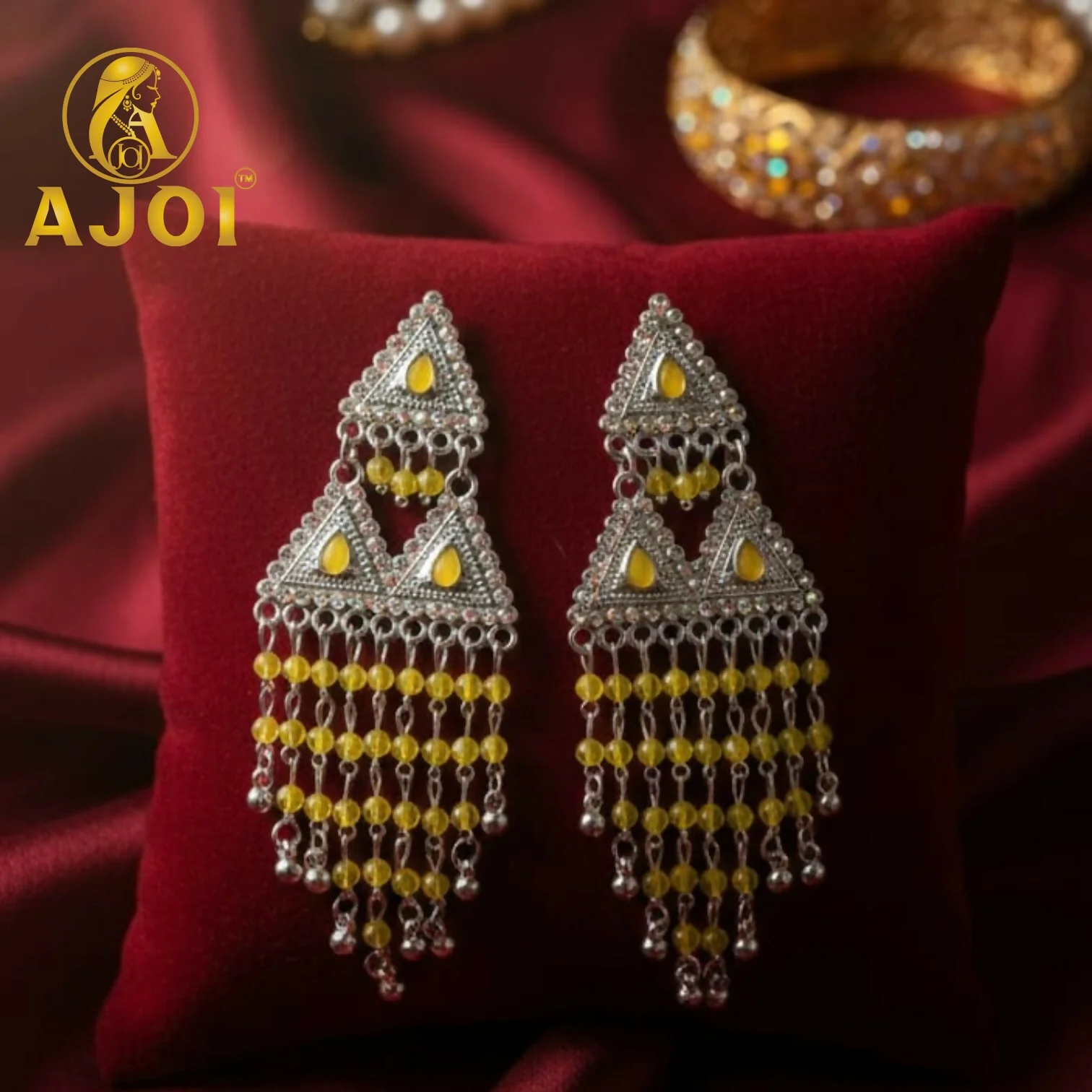 Sunshine Yellow Drop Silver Statement Earrings with Elegant Designer Finish - Image 3