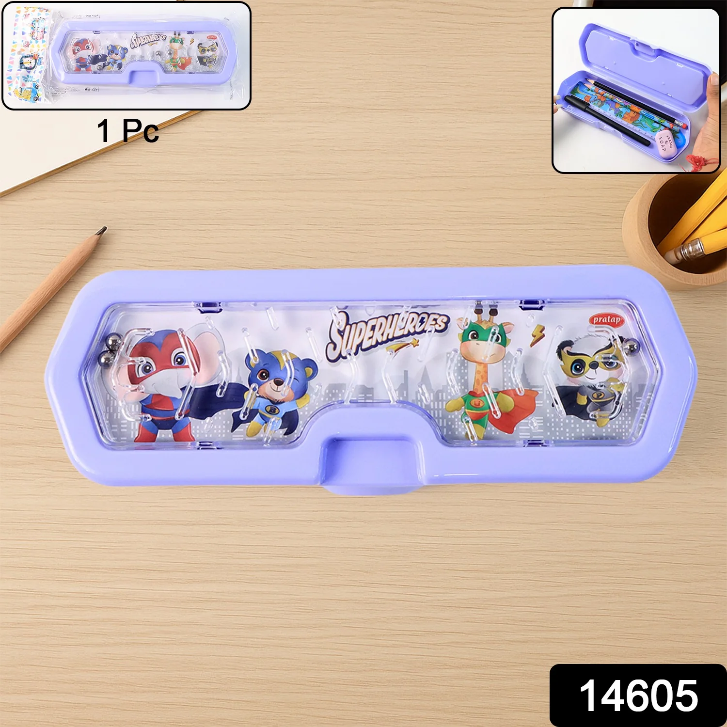 Cartoon Character Printed Plastic Pencil Box with Built-in Maze Puzzle Game (1 Pc) - Image 2