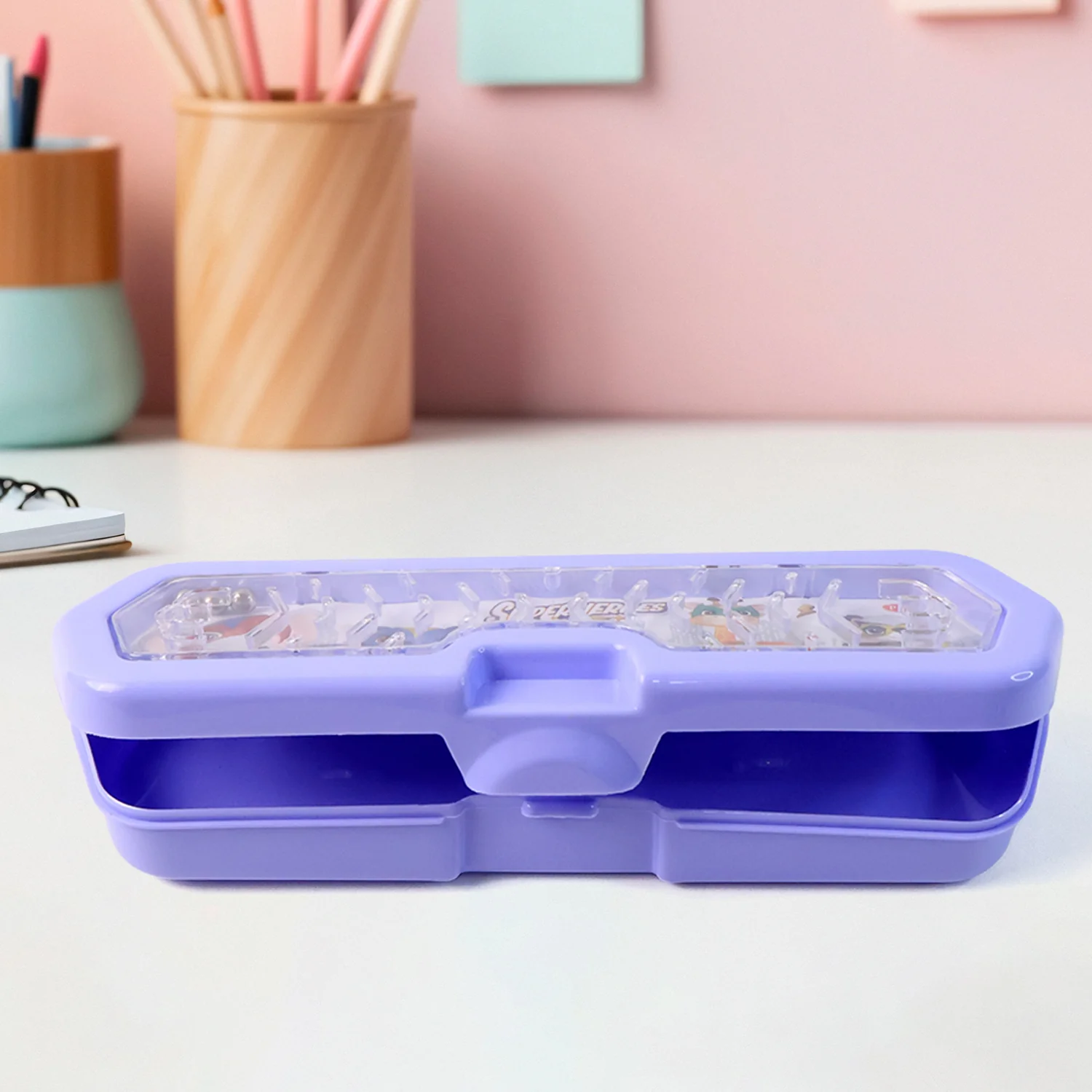 Cartoon Character Printed Plastic Pencil Box with Built-in Maze Puzzle Game (1 Pc) - Image 6