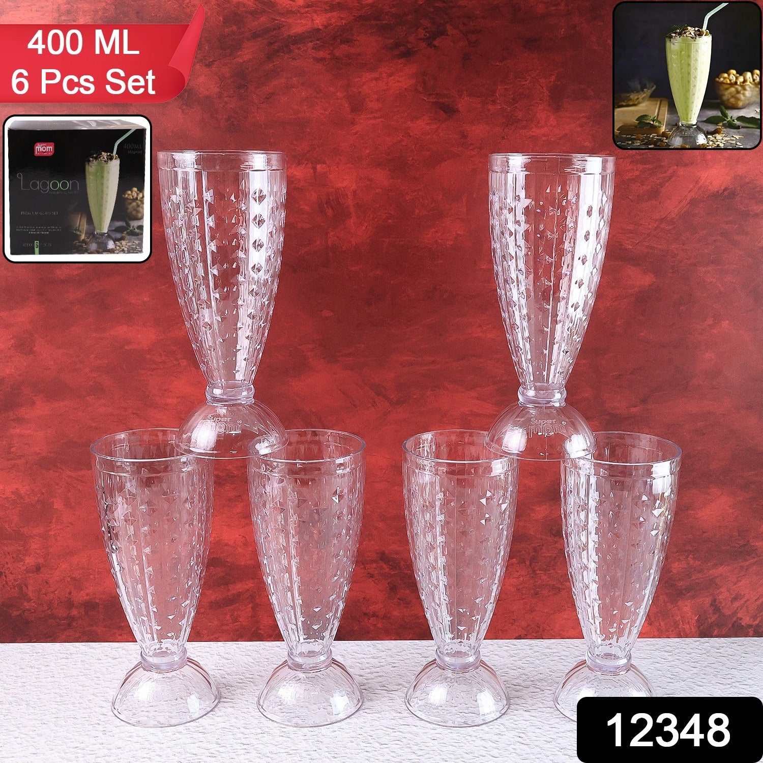 Supermom Transparent Plastic Milkshake Glass Set (400ML / 6 Pc) - Image 2