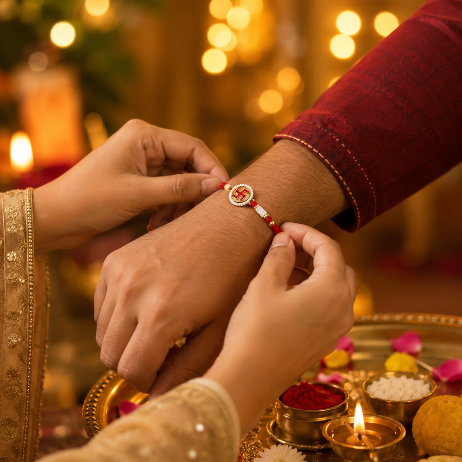 Swastik Pearl Frame Auspicious Rakhi - Image 2