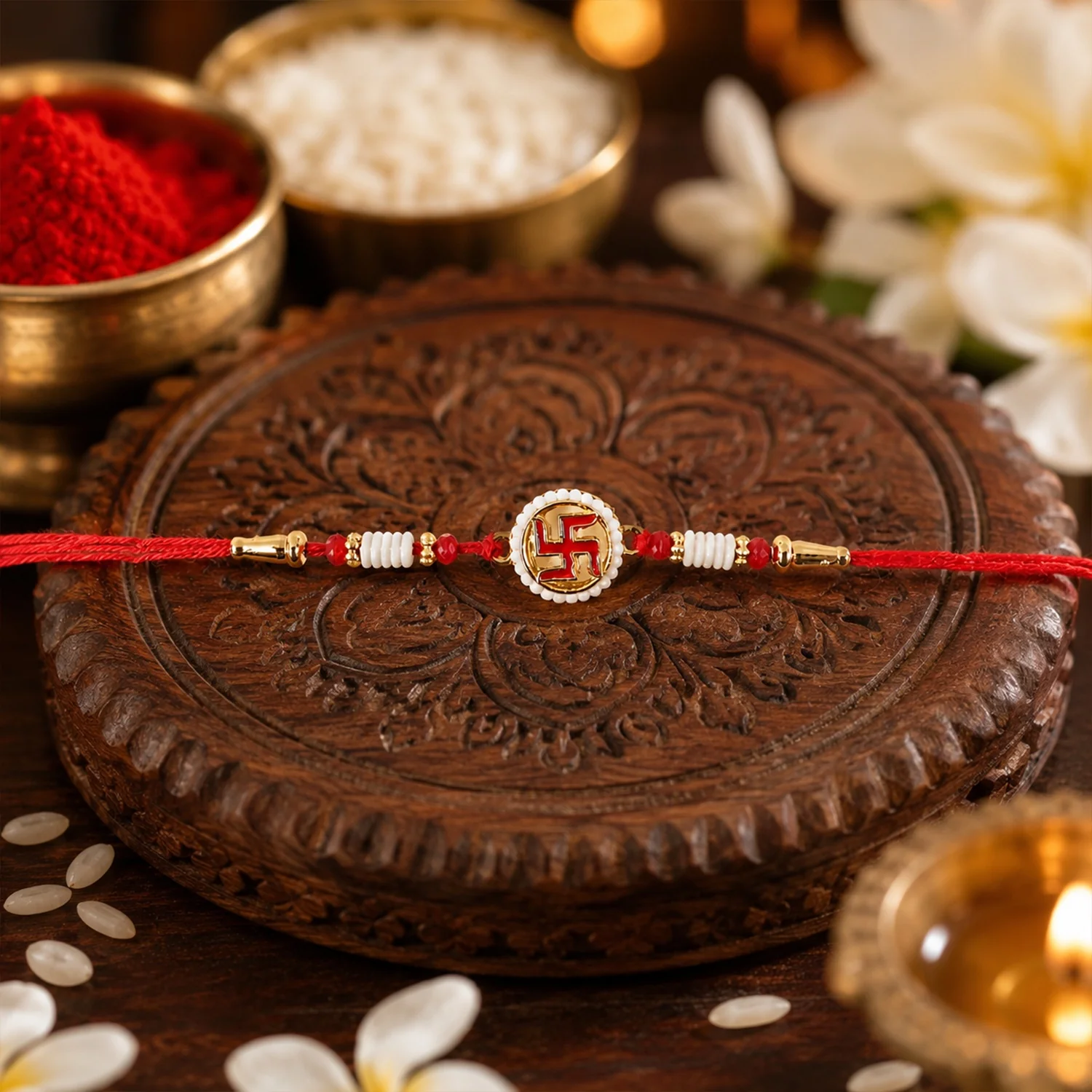Swastik Pearl Frame Auspicious Rakhi - Image 3
