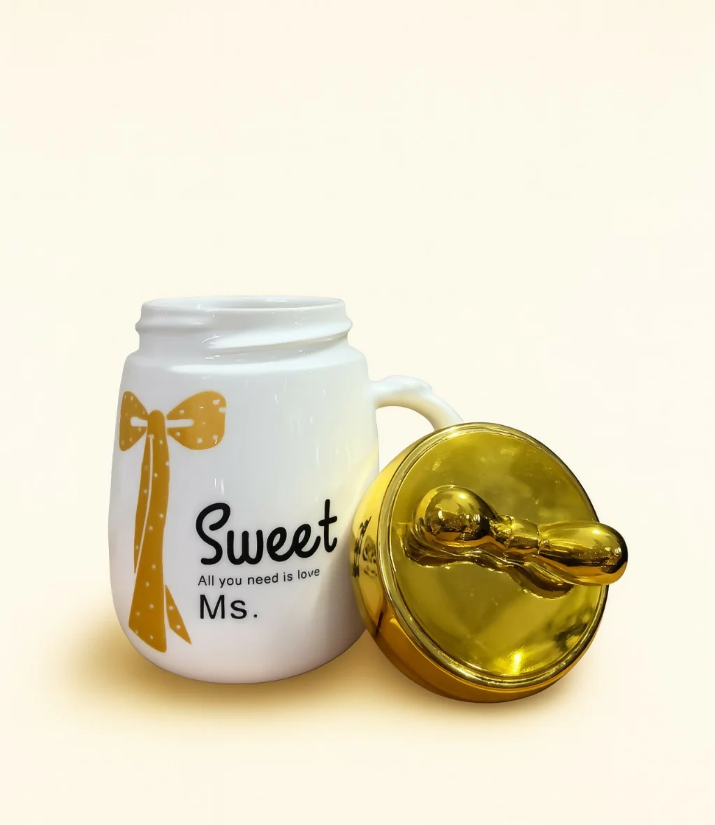 Sweet Ms. Ceramic Mug with Golden Bow Lid – Gift Mug for Women - Image 3