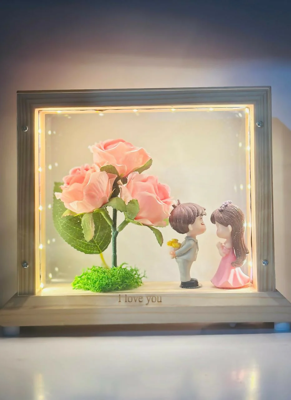 LED Wooden Shadow Box with Pink Rose & Couple Figurines – Gift - Image 2
