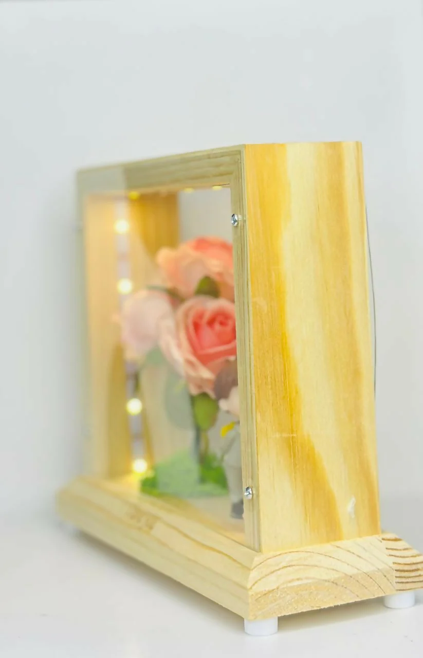 LED Wooden Shadow Box with Pink Rose & Couple Figurines – Gift - Image 3