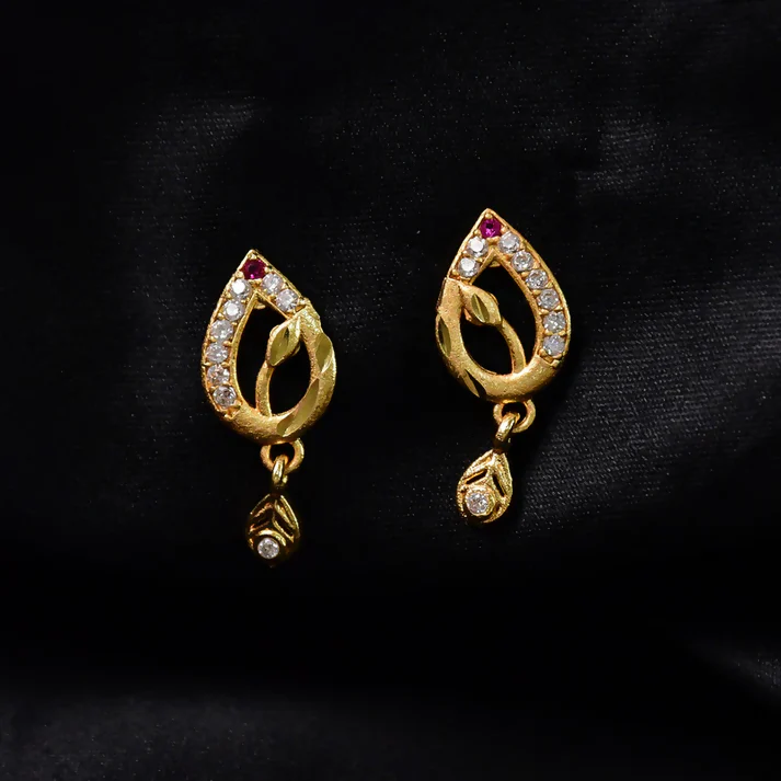 Teardrop Shape Gold Earrings with Ruby Detailing & Crystal Drops - Image 2