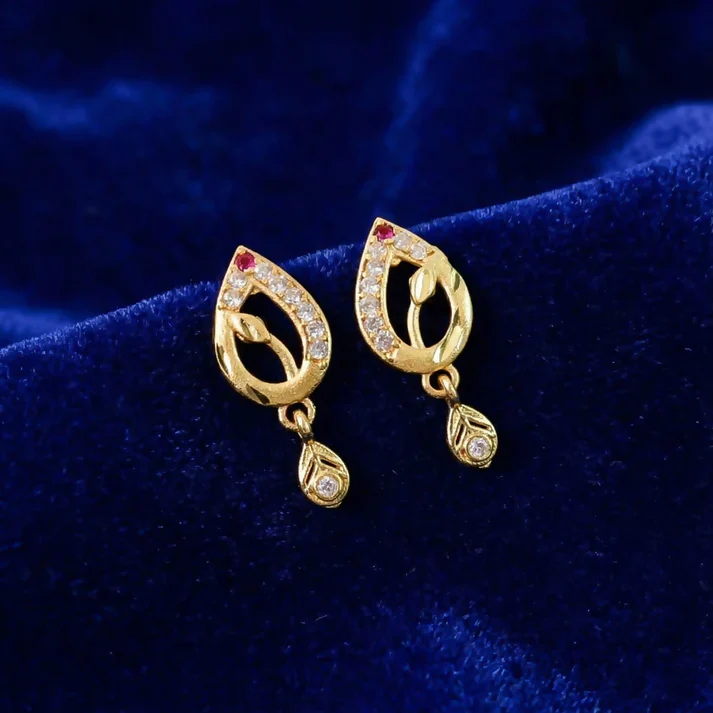 Teardrop Shape Gold Earrings with Ruby Detailing & Crystal Drops - Image 3